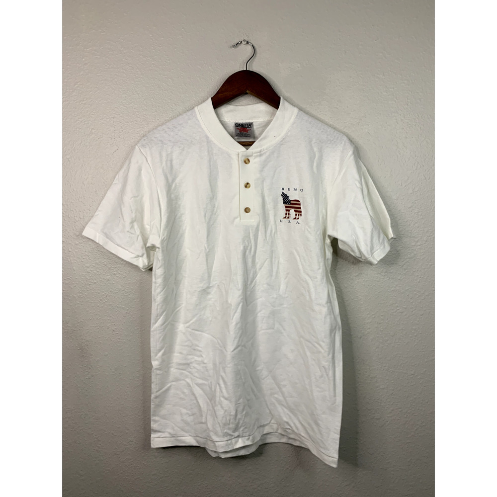 Vintage Reno Henley Tee Oneita M USA 90s American Flag Graphic
